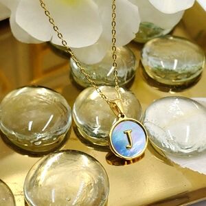 Dainty Initial Letter Charm, J, 18K GP Blue Reflections Charm Pendant Necklace